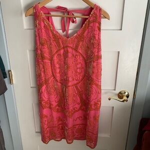 Hale Bob Coral & Gold Boho Chic Dress – Size Small | Sleeveless Tie-Back Resort